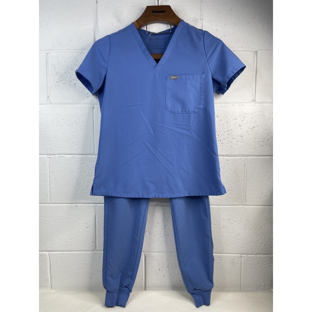 FIGS Women's 2 Piece Scrub Set Catarina Top S & Zamora Jogger Pants S Ceil Blue